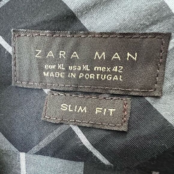 Zara Man plaid button down shirt Navy Grey slim fit size XL - Picture 11 of 16